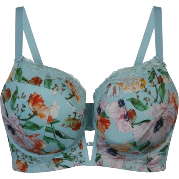 Cacique Other - Cacique Boost Balconette Bra 44DDD Blue Floral Lace Trim Longline Underwire